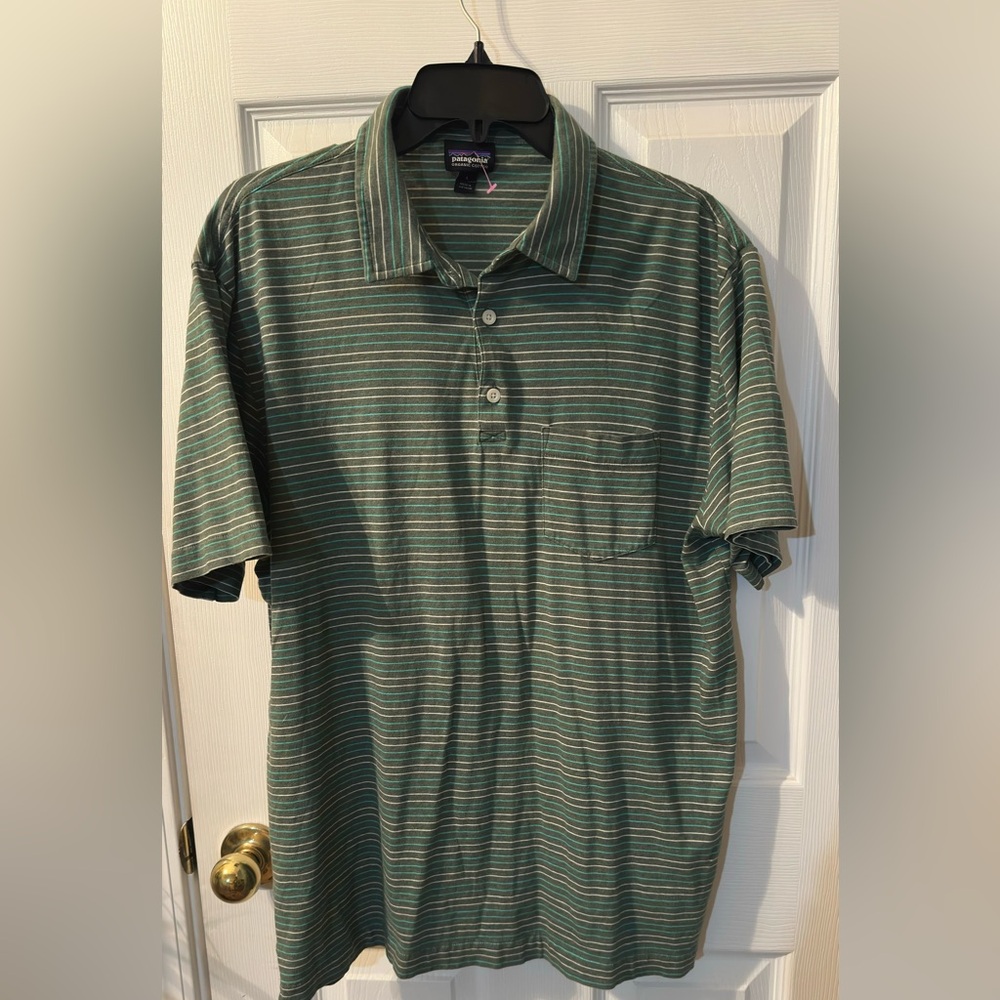 Patagonia Organic Cotton Short Sleeve Polo Shirt Men's Large  Green Striped
